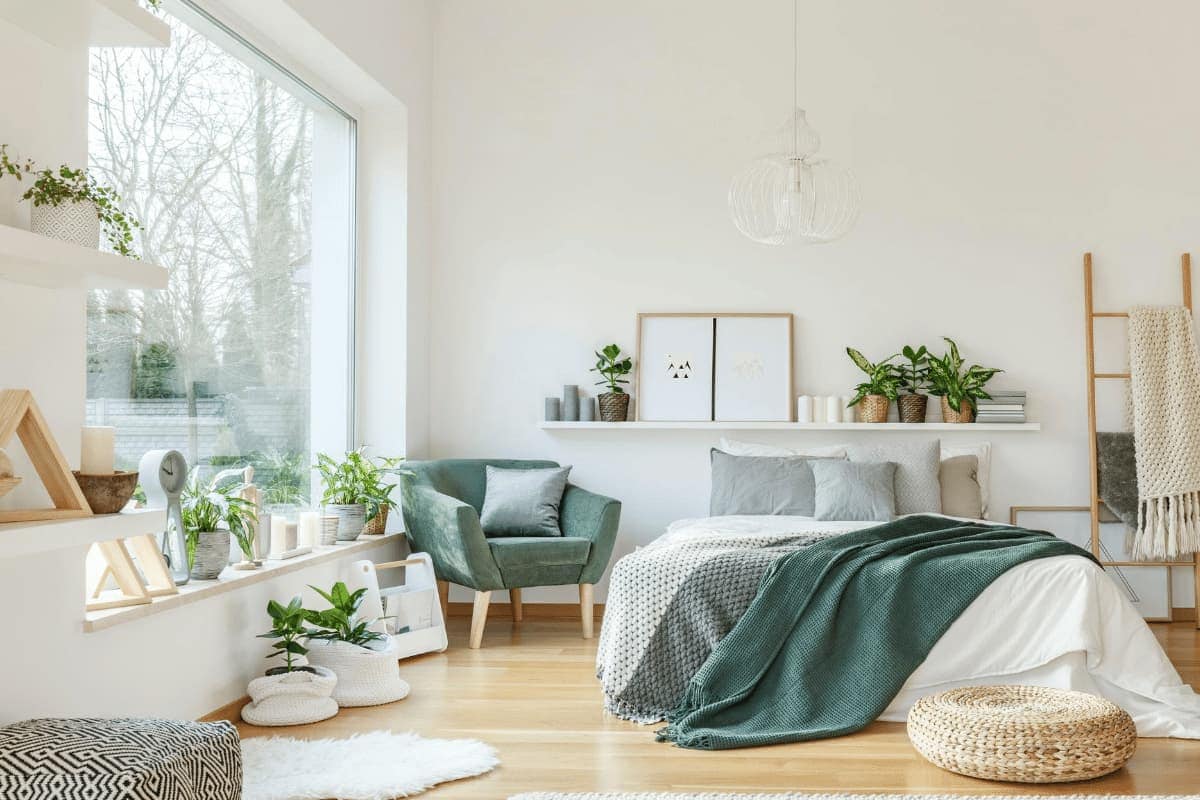 modern bedroom decor featuring various indoor plants and large window